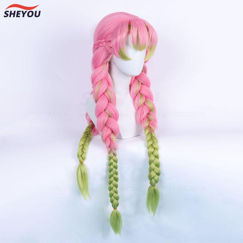 Anime Mitsuri Kanroji Cosplay Wig Long Pink Green Braid Heat Resistant Hair Authentic Cosplay Wigs + Wig Cap