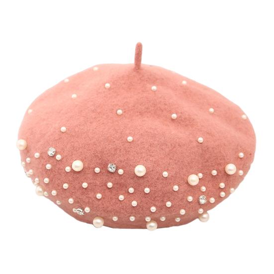 Yousheng Женский берет с искусственным жемчугом и стразами, винтажная шерстяная шляпа в английском стиле без полей, однотонная, с регулируемыми лямками, кепка-тыква