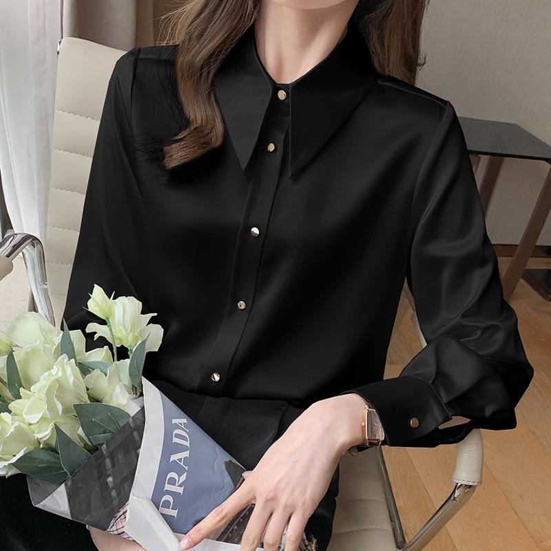 Women's Ash Blue Satin Long Sleeve Shirt - Retro Hong Kong Style, Spring Commute, Concealed Placket, Versatile Drapey Blouse