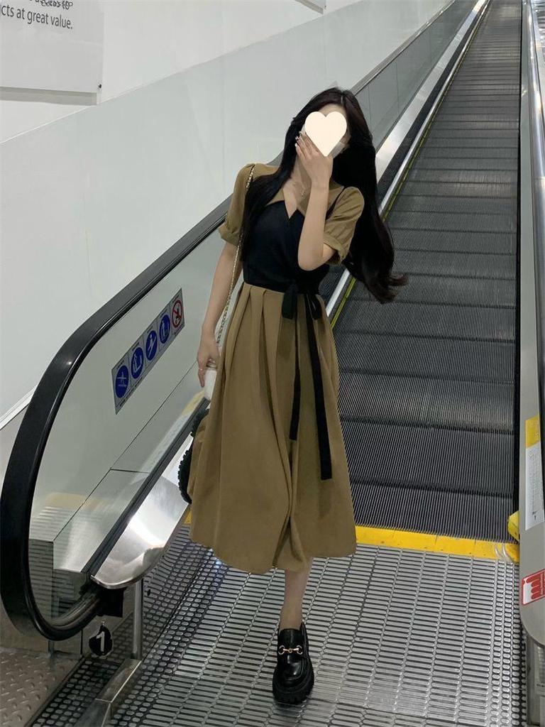 Платье-двойка в стиле французского ретро — женское, большого размера, средней длины, для лета