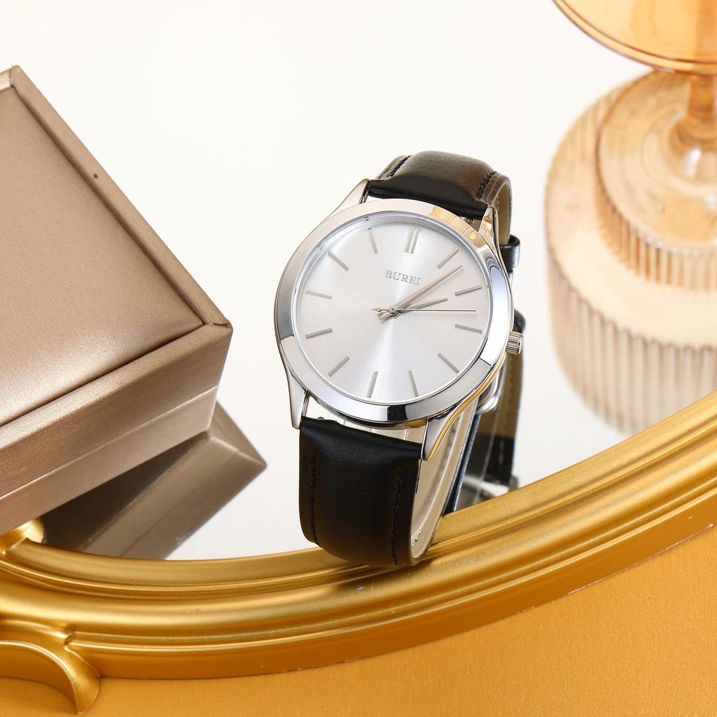 BUREI Аналоговые Кварцевые Кожаные Подарочные Мужские Часы, Водонепроницаемые, Популярные, Простые, Стильные, Деловые, Повседневные, Ремешок, (Серебристый, Черный, Кожаный)