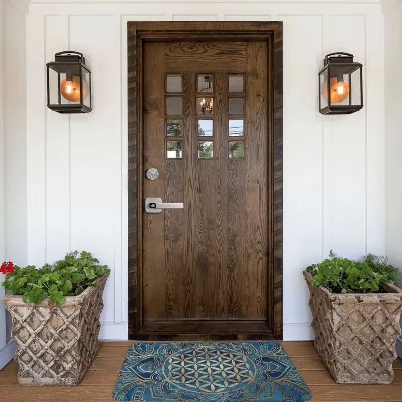 VIKAMA Bohemian Mandala Flower of Life Doormat Non Slip Waterproof Entry Floor Rug Blue Gold Sacred Pattern Home Decor