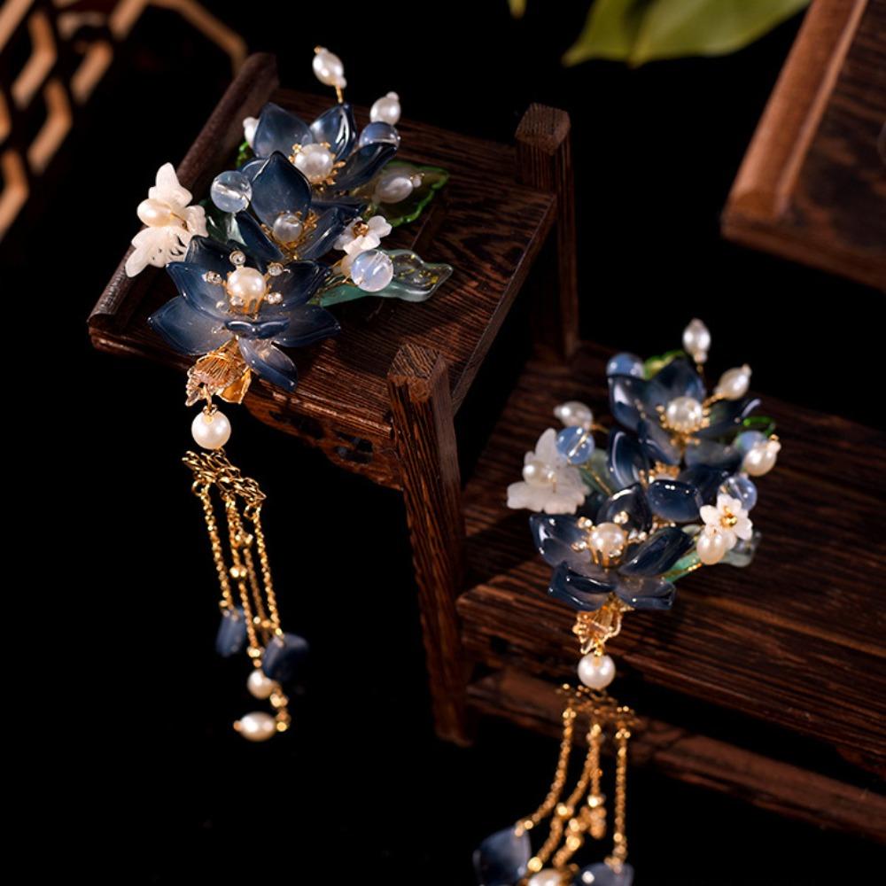 Tassel Floral Hair Stick Pearl Flower Hair Comb Elegant Tang Dynasty Hairpin Jewelry