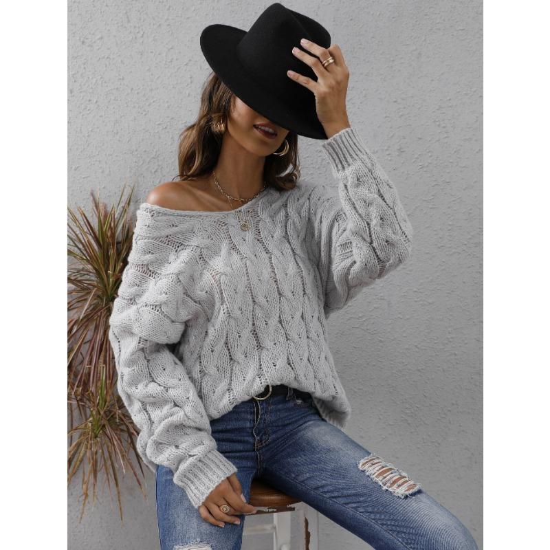 Autumn and Winter Women's Thickened Twist Knit V-Neck Hooded Loose Pullover Sweater