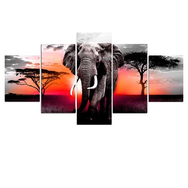 5 Panels Elephant Posters Canvas Painting Modern Home Decor Sunset African Animal Prints Wall Art Pictures Living Room No Frame