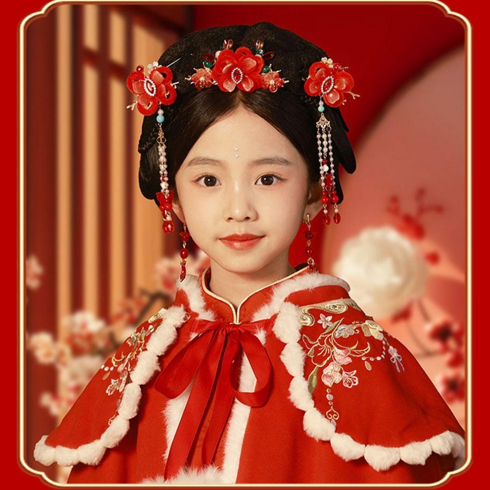 Tassel Chinese Style Hairpin Set Red Flower Hair Comb Ancient Style Hanfu Hair Stick  Women