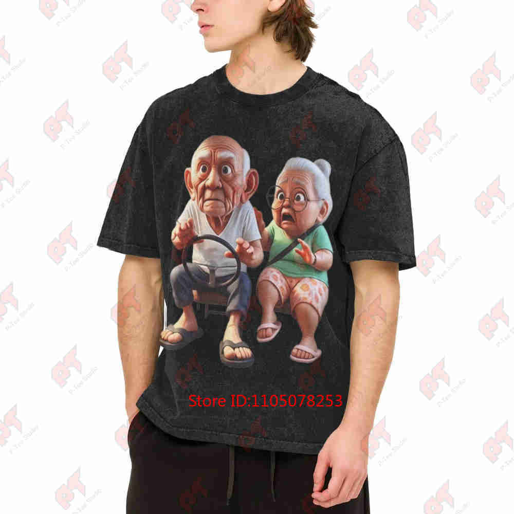 Animated Grandparents On A Fun Ride Vintage Washed Tee Pure Cotton T-Shirt