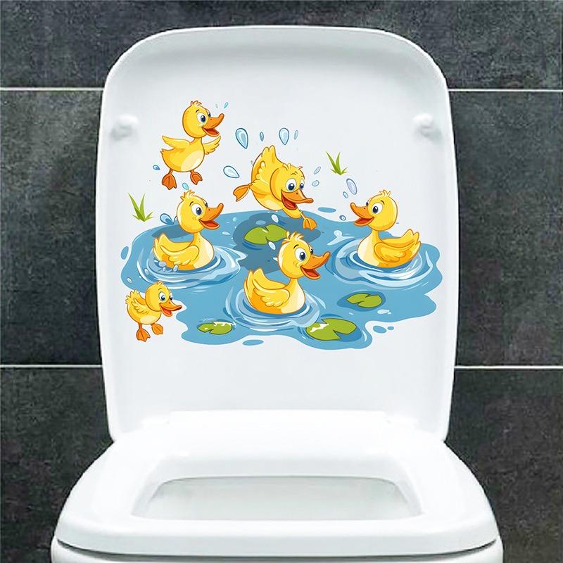Cartoon Ducks Playing Water Toilet Stickers Bathroom Decor Waterproof Toilet Seat Decals