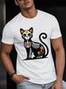 Men's Summer Cat Print Round Neck T-shirt Breathable Casual Halloween 100% Pure Cotton Street Holiday Short Sleeved Shirt
