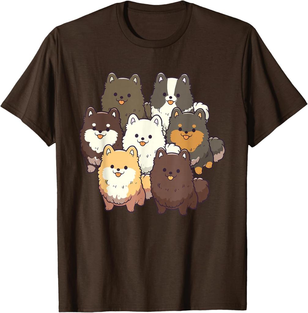 Cute Pomeranian Dog Group Cartoon Print Casual Cotton T-Shirt for Men Trip
