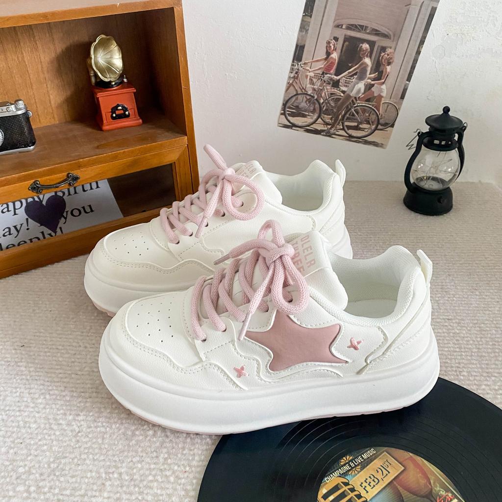 B1102 Latex Insole/star Platform White Shoes Women's 2024 New Niche Cute Round Head Heightening Board Shoes