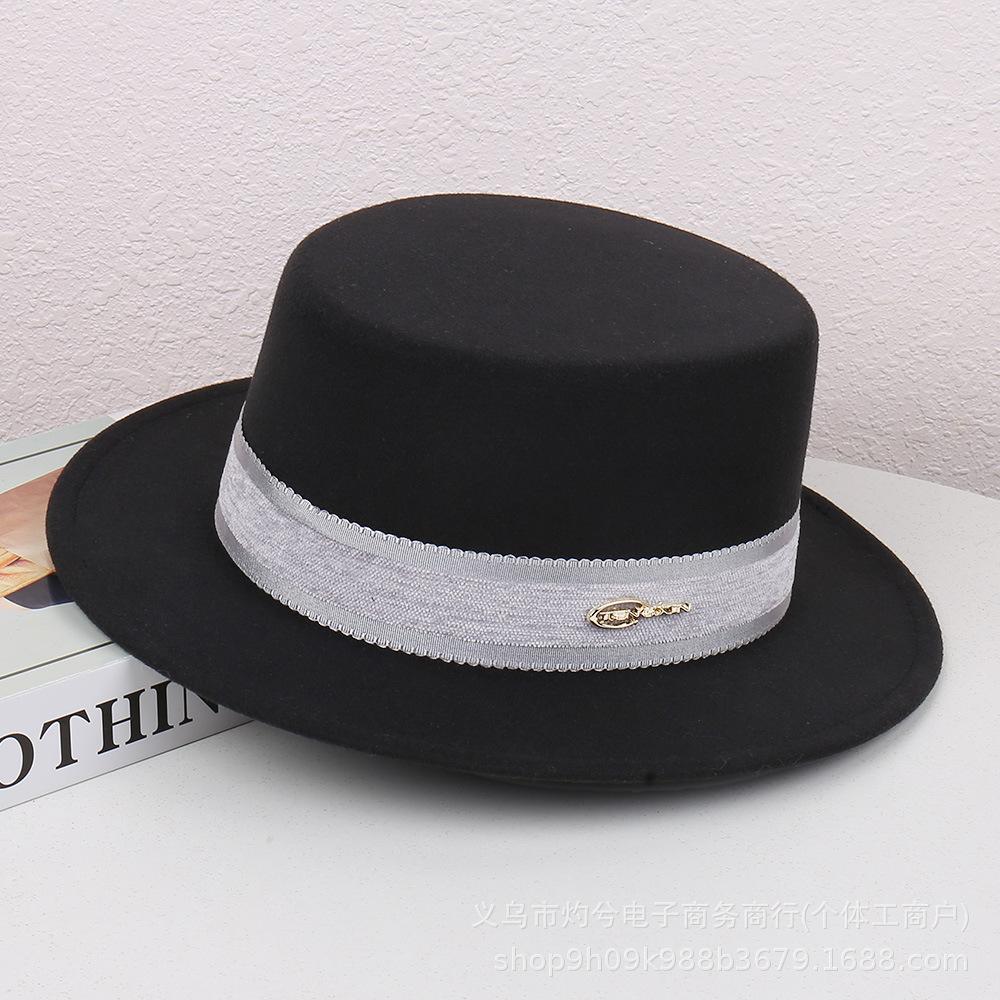 French fashion new autumn and winter versatile elegant retro flat top hat women's fashion woolen temperament personalized jazz hat