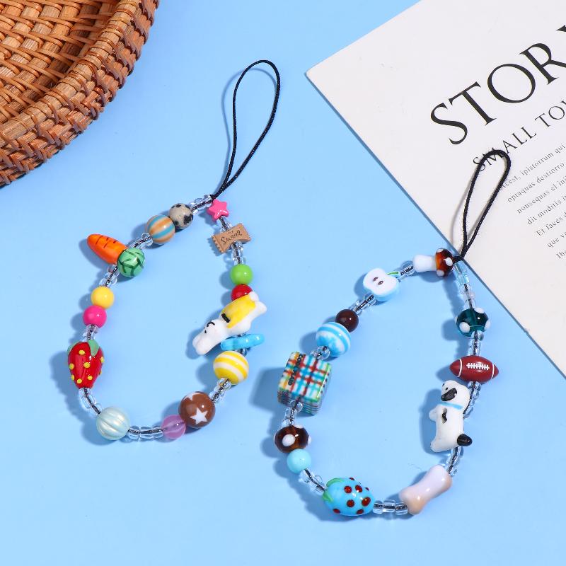 Y2K Aesthetic Beaded Phone Chain Ins Style Cartoon Mobile Phone Lanyard Keycord Anti Lost Key Strap Bag Pendant Cellphone Straps