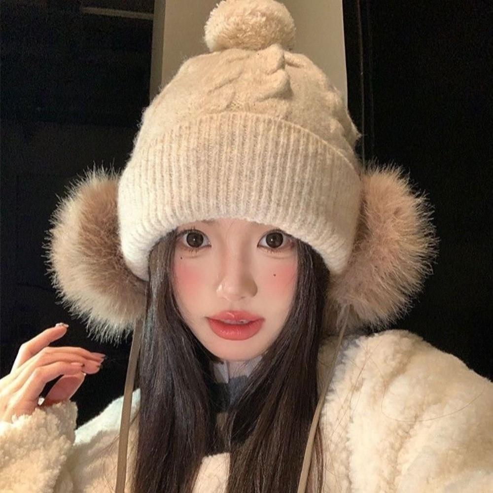 Ear Protection Knitted Trapper Hat Plush Wool Cap Fashion Pompom Beanie with Earflap Boy