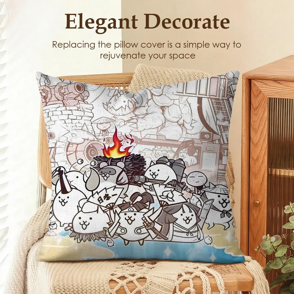 BBattle Cats Anime Cushion Cover Natural Linen Organic Fabric DoubleSided Printing Sofa Home Decor Gift Pillow Case