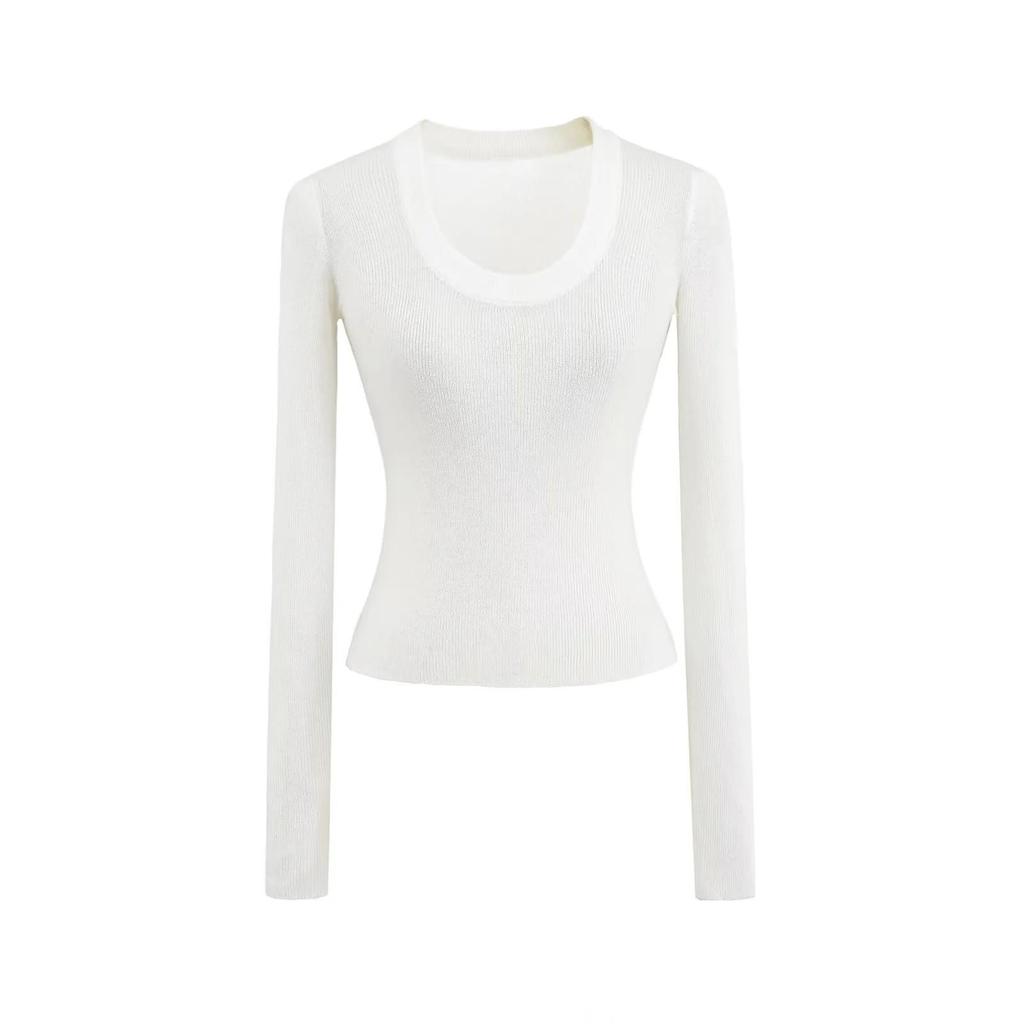 Весна 2025 Трикотаж из шерсти с U-образным вырезом: Прозрачный топ облегающего кроя с длинным рукавом