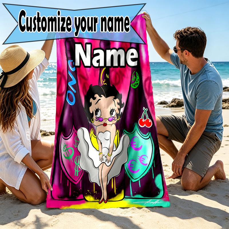 Custom Name Personalized Betty Boop Print Beach Towel, for Trip Camping Beach Party Home Decor, Birthday Gift for Family & Friends