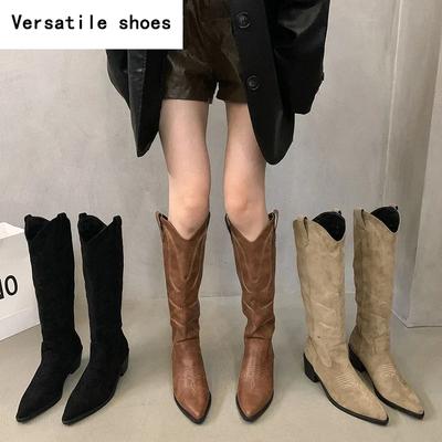 Женские ковбойские сапоги, модные женские элегантные сапоги до колена на квадратном низком каблуке без шнуровки, женская зимняя обувь