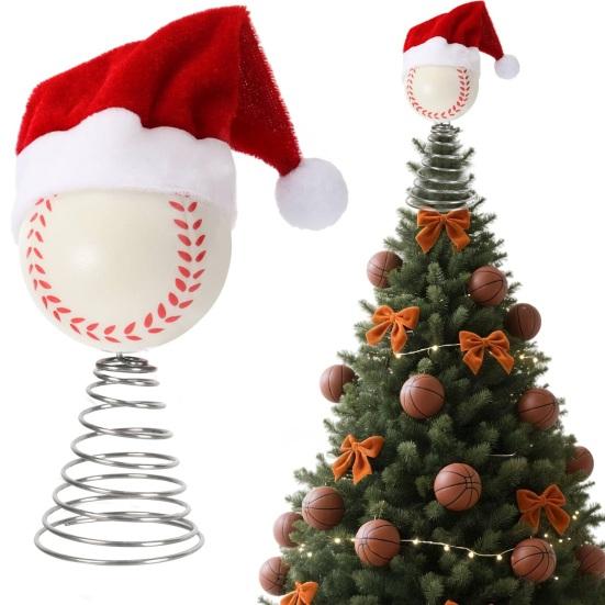 Rugby Christmas Tree Topper with Santa Hat Spring Base Bouncing Sports Ornament Fun Desk Decor for Holiday Parties Valentine's Day Gifts