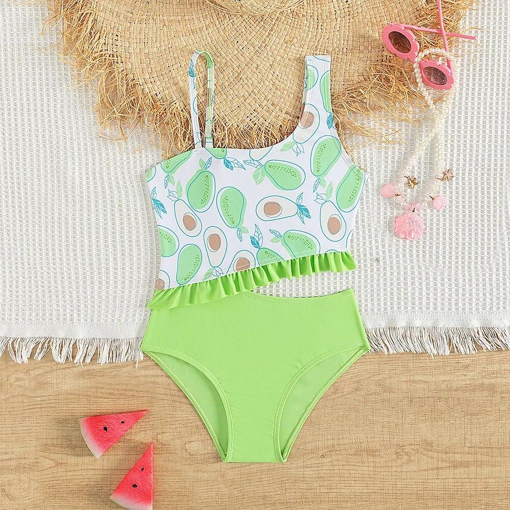 Avocado Printed Green Girls One Piece Swimsuits 5-14 Years Lemon Print Yellow Children Swimwear Kids Bathing Suit Beachwear