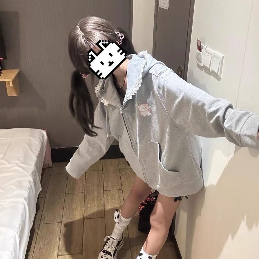 Kawaii Sweet Harajuku Hoodies Women Japanese Gothci Lace Patchwork Cartoon Embroidery Zipper Oversize Sweatshirt