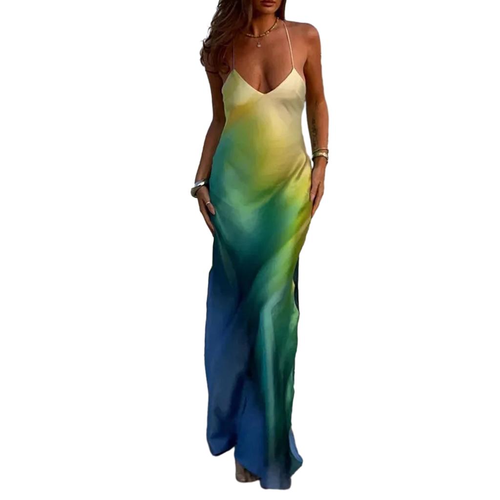 Women's Summer Cami Long Dress Gradient Color Spaghetti Strap V-Neck Backless Beach Party Dress