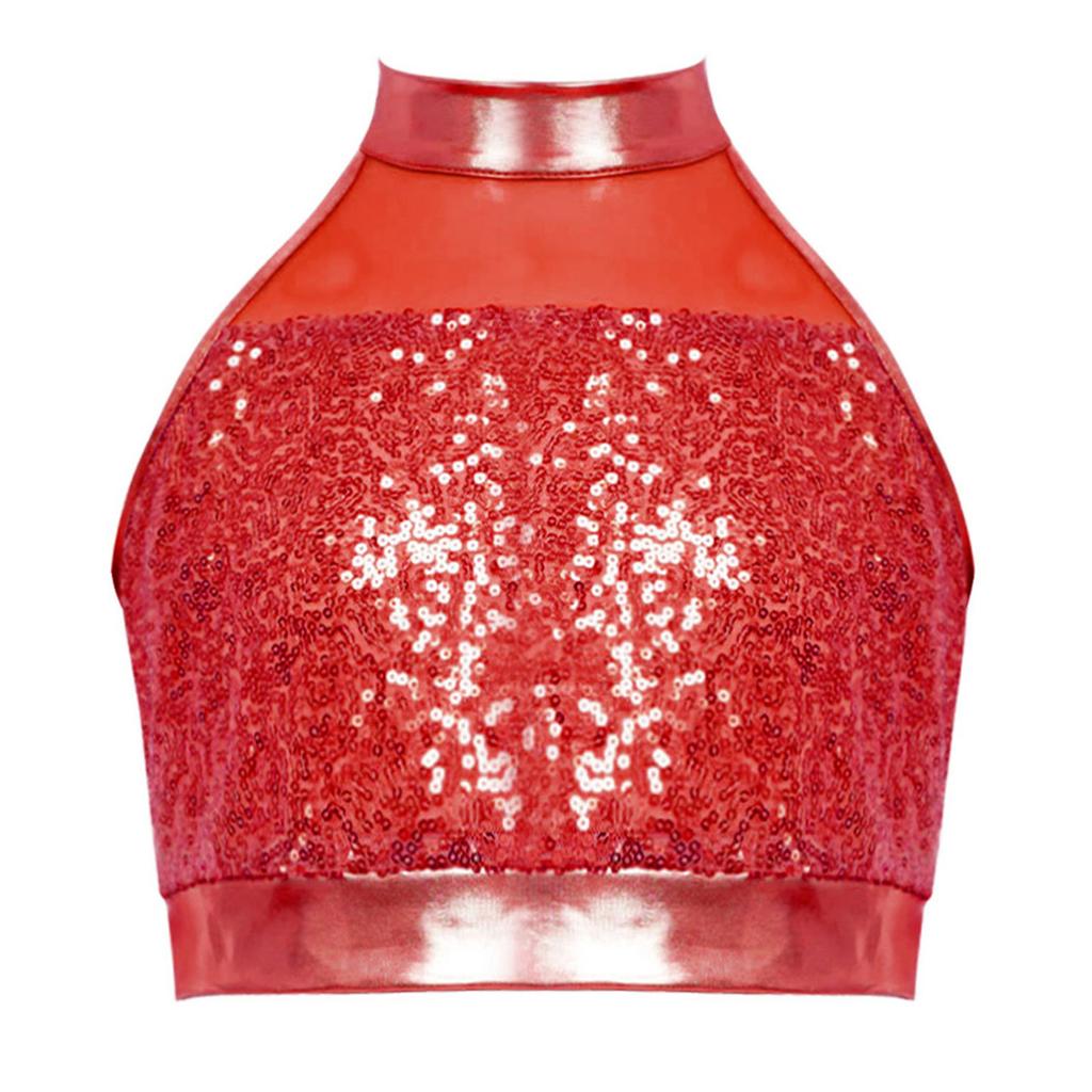 Girls Sleeveless Mock Neck Dance Crop Top Glitter Sequin Patchwork Keyhole Back Design Performance Top