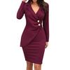 OhBaby Women's Lapel Bodycon Button Long Sleeve Slim Fit Business Suit Midi Dress Blazer