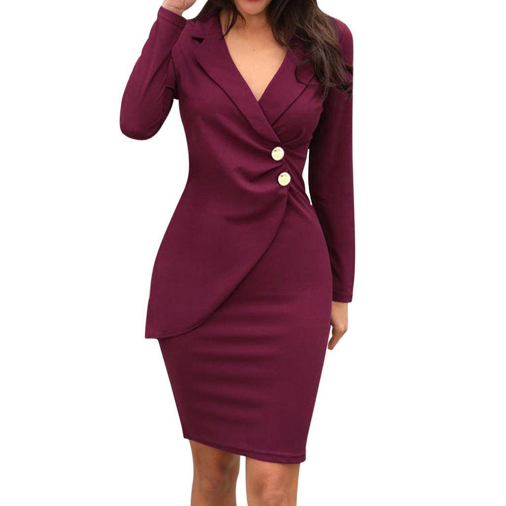 OhBaby Women's Lapel Bodycon Button Long Sleeve Slim Fit Business Suit Midi Dress Blazer