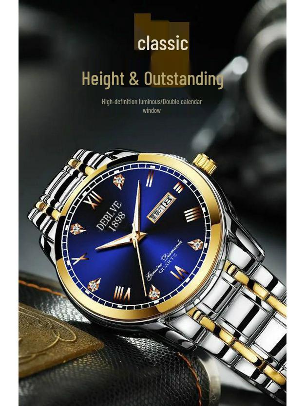 Мужские швейцарские часы с двойным календарем и браслетом из легированной стали, водонепроницаемые и люминесцентные.