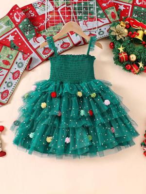 Рождественское платье на бретелях-спагетти со сборками - Красочная пышная юбка для девочек