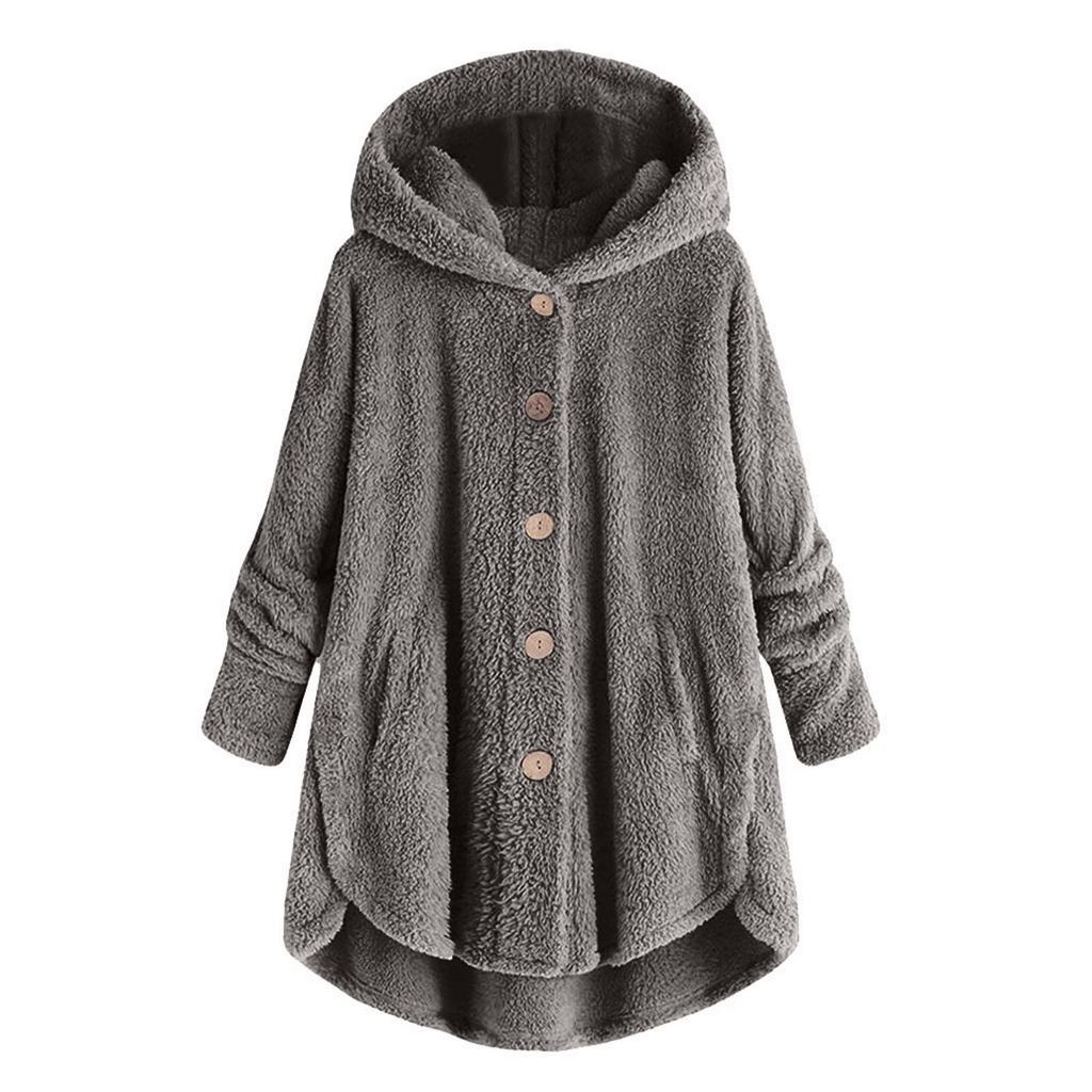 Women Plus Size Button Plush Tops Hooded Loose Cardigan Wool Coat Winter Jacket