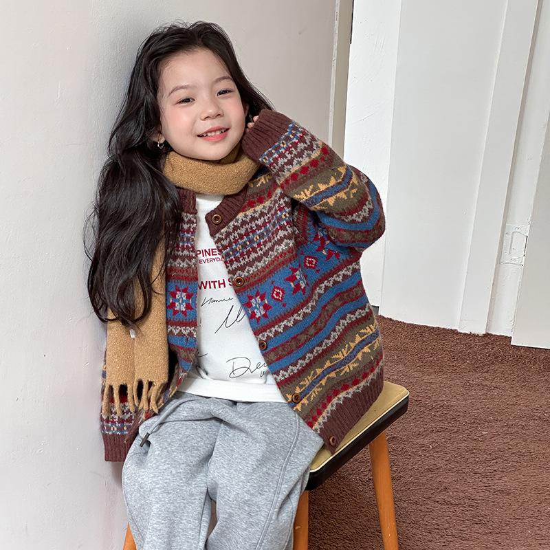 Girls Kids Vintage Fair Isle Jacquard Knit Cardigan Sweater Winter Outerwear
