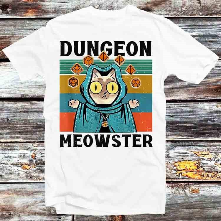 Dungeon Meowster Забавный Гик Геймер Кот D20 Кубик RPG Футболка B1288