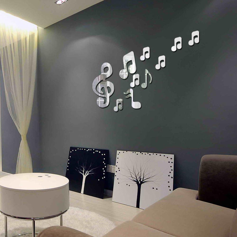 Removable Living Room Decoration Home Decor Mural Decal 3D Mirror Wall Sticker Musical Note Acrylic