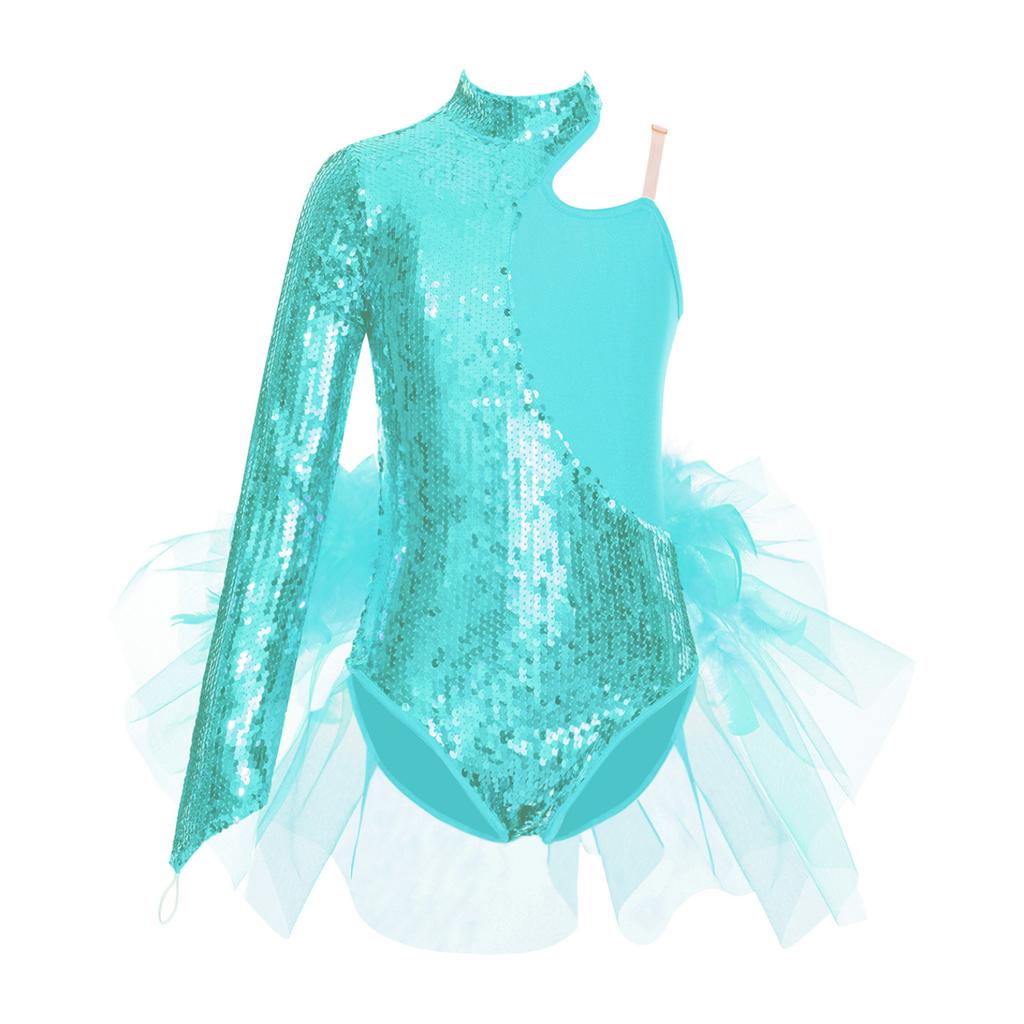 Детский купальник с тюлевой юбкой и блестками для девочек, комбинезон на одно плечо с длинными рукавами, танцевальное боди, танцевальная одежда