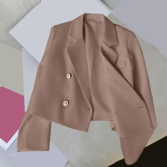 Осенний женский укороченный пиджак с длинными рукавами и лацканами, двубортный однотонный приталенный костюм, пальто, уличная одежда