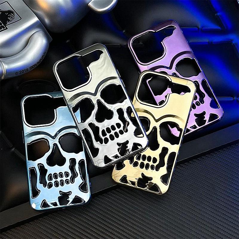 Cool Hollow 3D Skull Phone Case for iPhone 16 15 14 Plus 13 12 11 Pro Max Plating Gothic Skeleton Design Shockproof Cover