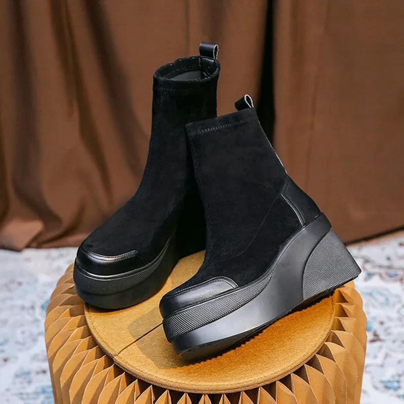 Fashion Autumn Boots Women Shoes Woman Botas Fashion Round Toe Ankle Boots Winter Elastic Black Comfortable Botines Chelsea Botas Femme