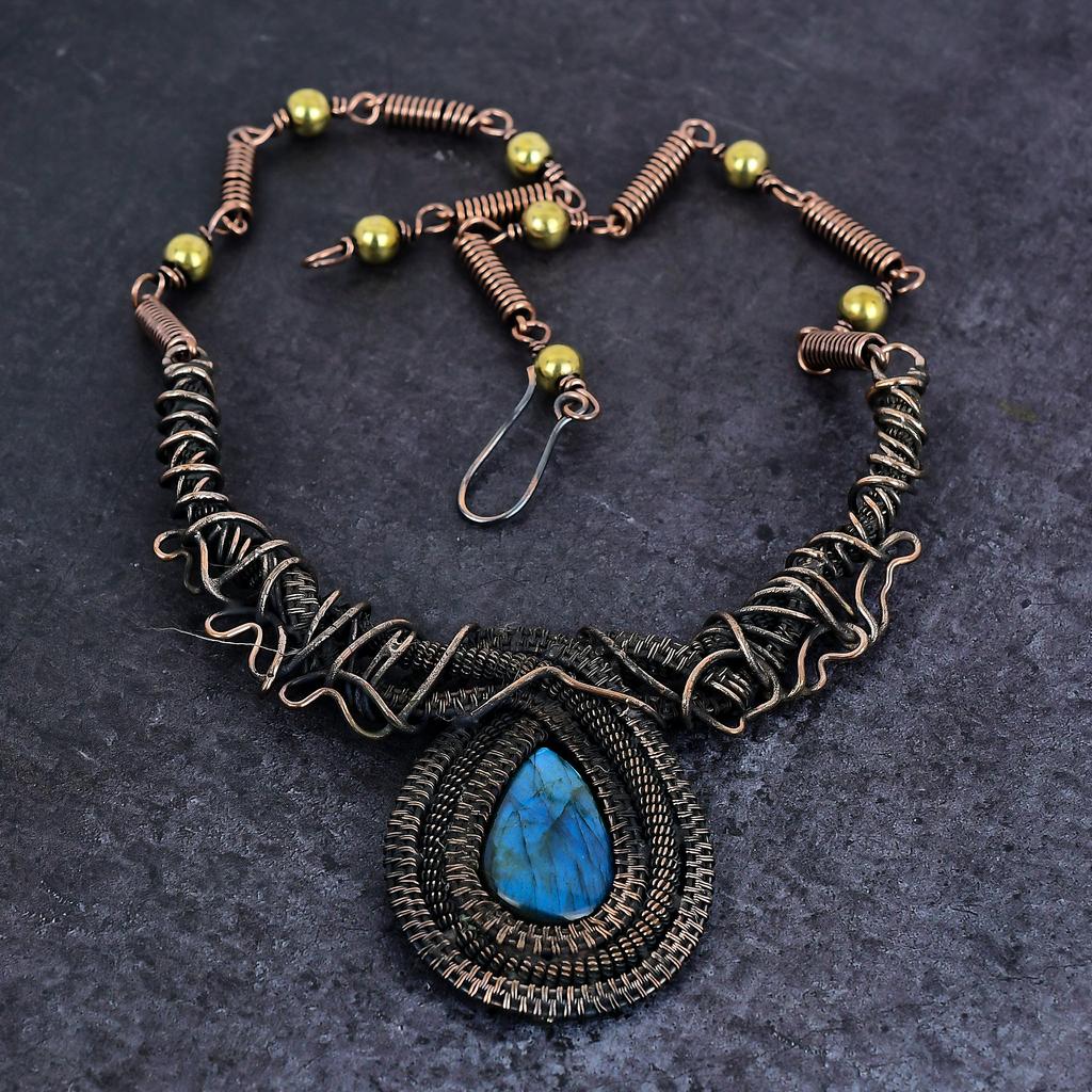 Лабрадорит Драгоценный камень Ручная работа Медная проволока Обертка Ювелирное ожерелье 18" J8L36