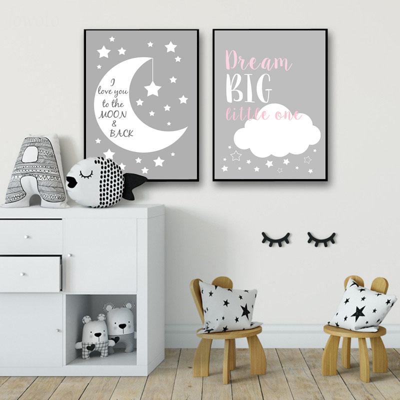 Nursery Moon Stars Canvas Printing Grey Picture Wall Art Painting Decor Kids Quotes Posters Baby Room Interior Decoration