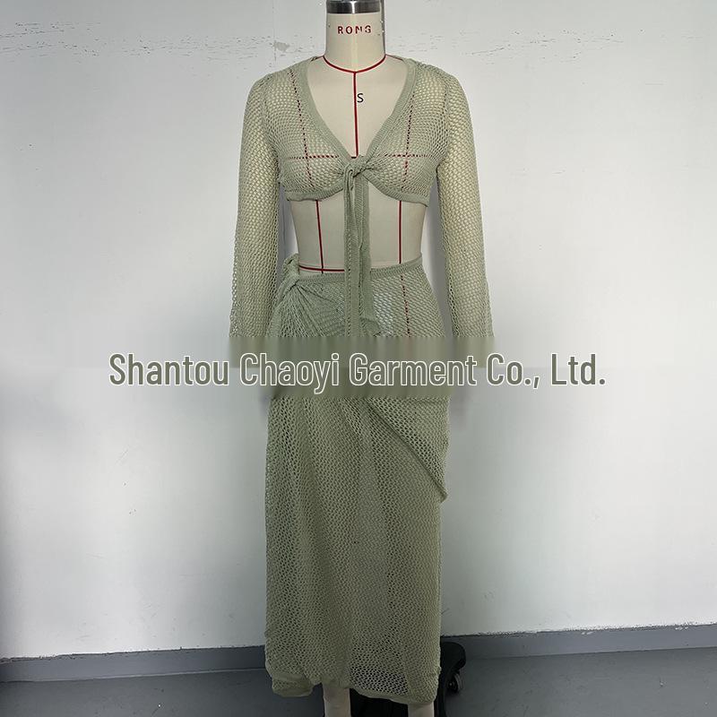 European & American Style Bandage Set: Long-Sleeved Top with Midi Skirt Beach Dress