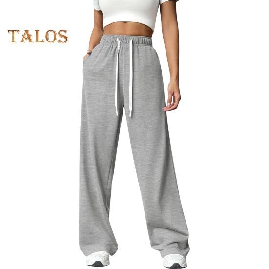 Женские брюки с эластичной высокой талией, регулируемые на шнурке, прямые широкие брюки с карманами, однотонные повседневные брюки