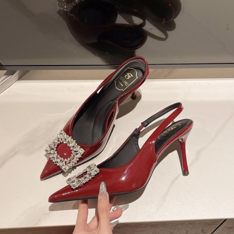 Модные летние женские сандалии Новая женская обувь Острый носок Мелкие Телесно-розовые Туфли с бриллиантами Низкий каблук С ремешком сзади Женские туфли