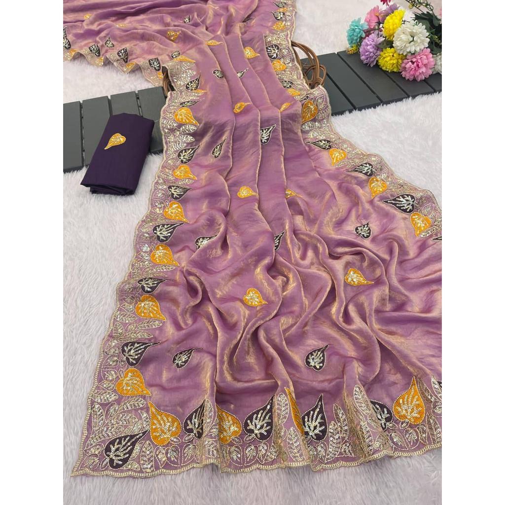 Чистые мягкие атласные сари Fandy с потрясающими пайетками 3 мм и многоцветной вышивкой нитями