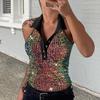 Women Vest Lapel V-Neck Sleeveless Off Shoulder Tops Shiny Sequins Tank Tops Holidays Parties Clubs Wear