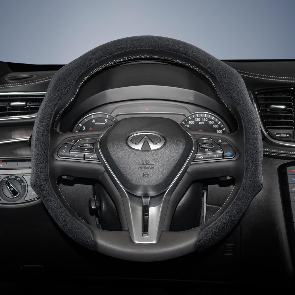 bpzsw1 Suitable for Infiniti Premium Suede Snap-On Steering Wheel Cover, Non-Slip and Durable, Available for Round and D-Shaped