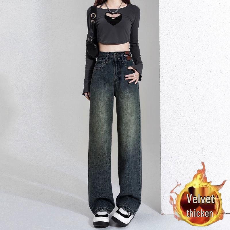 Женские джинсы с широкими штанинами на флисовой подкладке: Осень/Зима 2025, С высокой талией, Дизайн прямого кроя для фигуры типа «груша».
