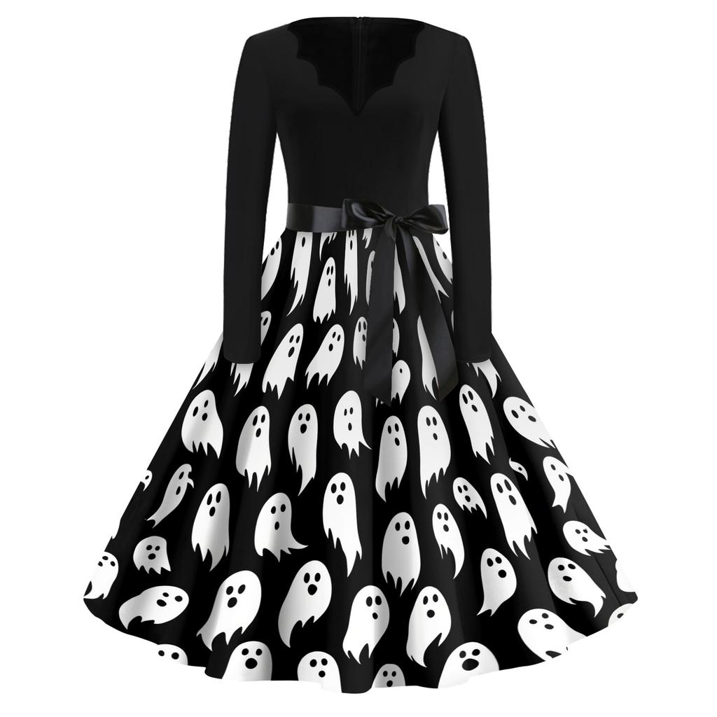 Women's Casual Vintage Halloween Dress V Neck Long Sleeve Bat Print A Line Skirt Retro Style Belted Waist Swing Dress