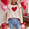 Women's Crew Neck Long Sleeve Heart Print Knit Sweater Loose Fit Casual Pullover Top